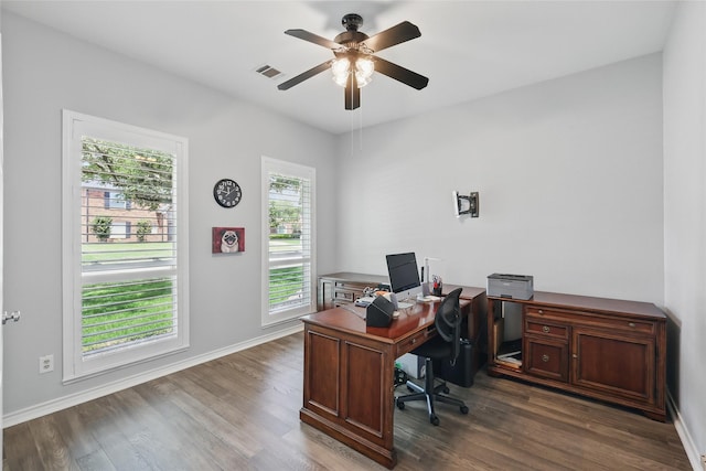 office area with wood finished floors, ceiling fan, and baseboards