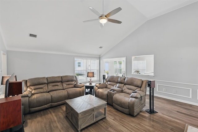 living room with ceiling fan, dark wood-style floors, high vaulted ceiling, and baseboards