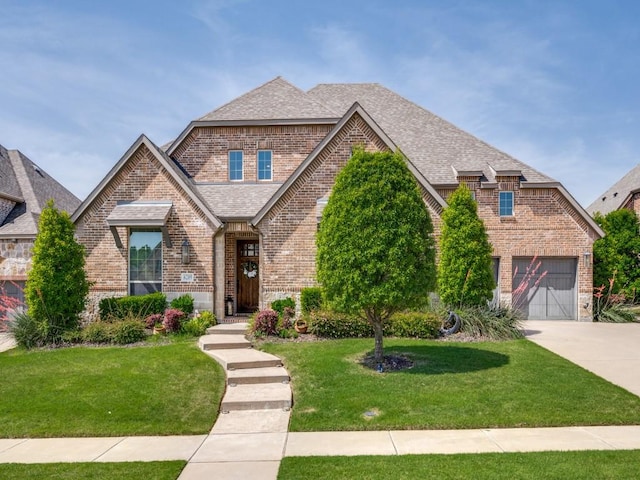 6209 Crystal Cove Ct, Mckinney, TX 75071 - view of front of house with brick siding, concrete driveway, a front yard, and roof with shingles