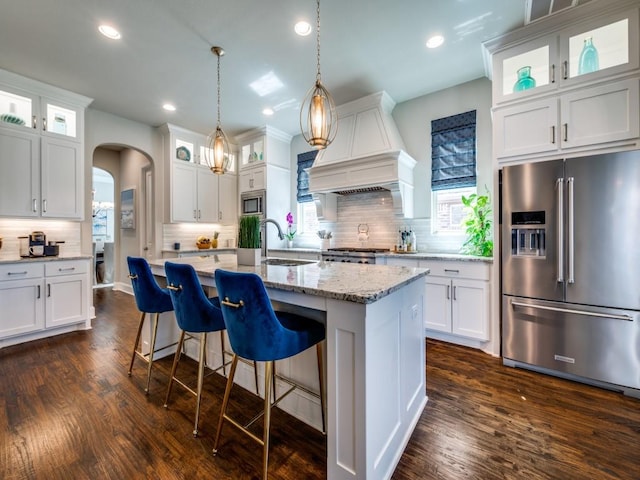 6209 Crystal Cove Ct, Mckinney, TX 75071 - kitchen featuring stainless steel appliances, a sink, custom exhaust hood, tasteful backsplash, and dark wood-style floors