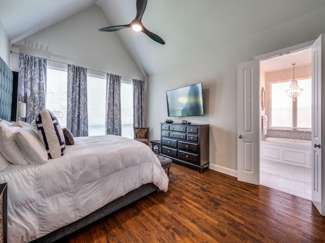 6209 Crystal Cove Ct, Mckinney, TX 75071 - bedroom with wood finished floors, multiple windows, a chandelier, baseboards, and high vaulted ceiling