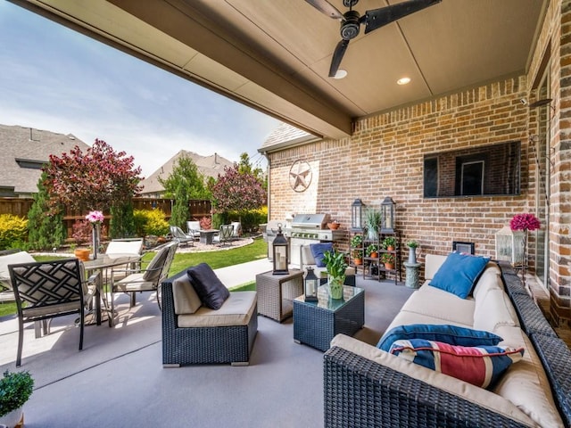 6209 Crystal Cove Ct, Mckinney, TX 75071 - view of patio featuring an outdoor living space with a fire pit, outdoor dining area, fence, and ceiling fan