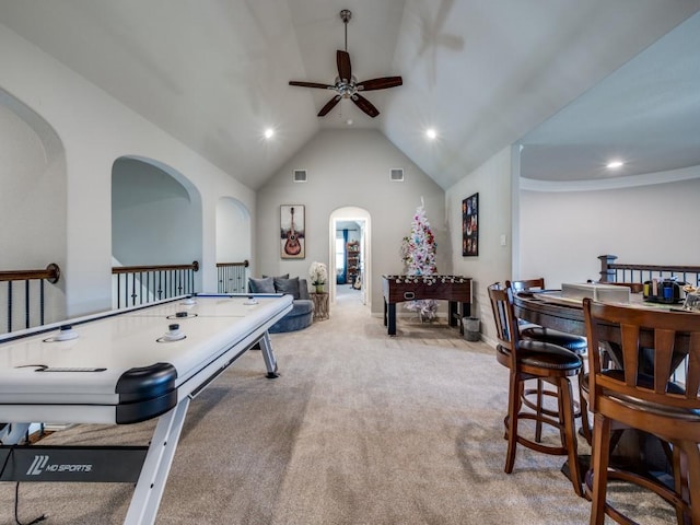 6209 Crystal Cove Ct, Mckinney, TX 75071 - recreation room featuring ceiling fan, carpet floors, recessed lighting, vaulted ceiling, and arched walkways