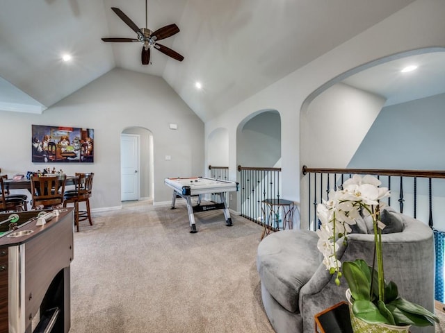 6209 Crystal Cove Ct, Mckinney, TX 75071 - game room with ceiling fan, vaulted ceiling, light carpet, arched walkways, and recessed lighting
