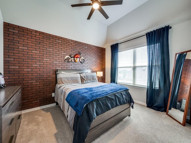 6209 Crystal Cove Ct, Mckinney, TX 75071 - carpeted bedroom with brick wall, ceiling fan, vaulted ceiling, and baseboards