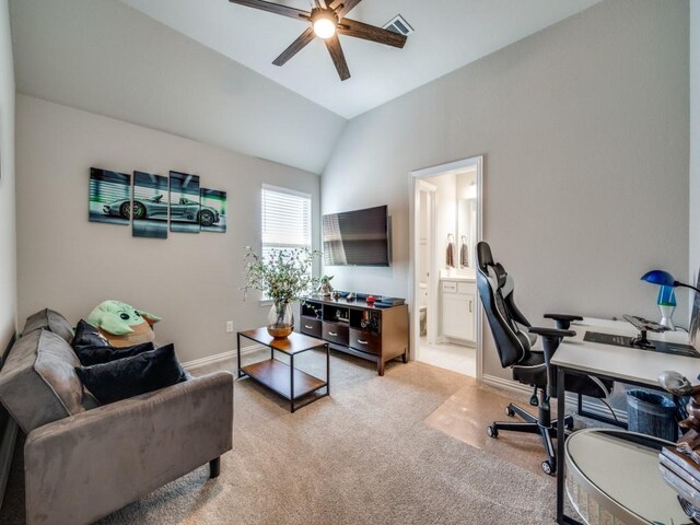 6209 Crystal Cove Ct, Mckinney, TX 75071 - office with ceiling fan, vaulted ceiling, baseboards, and light carpet