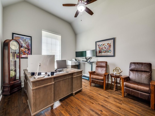 6209 Crystal Cove Ct, Mckinney, TX 75071 - office space featuring lofted ceiling, a ceiling fan, dark wood-type flooring, and baseboards