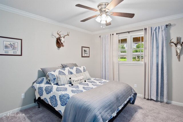 5730 Lovers Ln, Shreveport, LA 71105 - bedroom with light carpet, crown molding, baseboards, and a ceiling fan