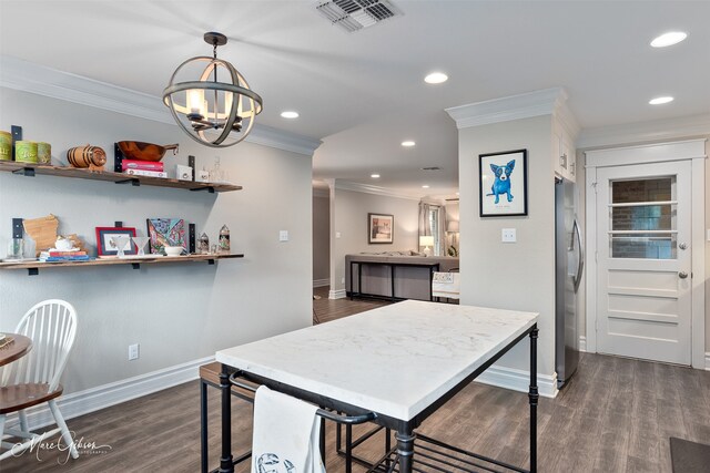 5730 Lovers Ln, Shreveport, LA 71105 - kitchen with freestanding refrigerator, baseboards, dark wood finished floors, crown molding, and recessed lighting