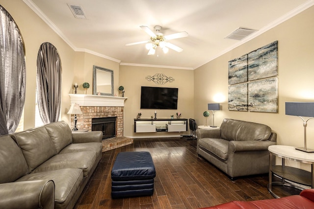 1516 Cheyenne Trl, Mansfield, TX 76063 - living area featuring ceiling fan, wood finished floors, ornamental molding, and a brick fireplace