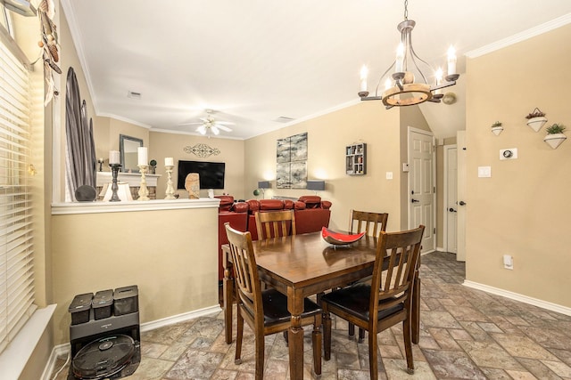 1516 Cheyenne Trl, Mansfield, TX 76063 - dining room featuring stone tile floors, a chandelier, a ceiling fan, crown molding, and baseboards