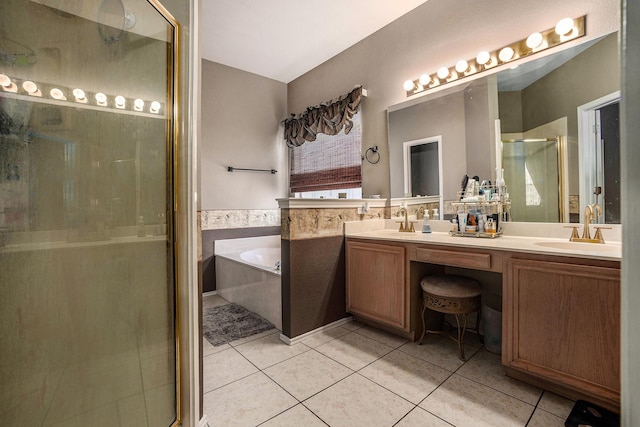 1516 Cheyenne Trl, Mansfield, TX 76063 - bathroom featuring a shower stall, tile patterned flooring, double vanity, and a bath