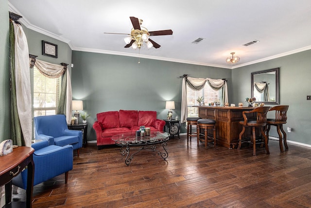 1516 Cheyenne Trl, Mansfield, TX 76063 - living room with a ceiling fan, ornamental molding, baseboards, hardwood / wood-style floors, and a dry bar