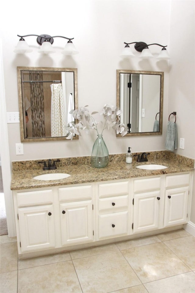6700 Canalview Dr, Arlington, TX 76016 - full bathroom featuring tile patterned flooring, double vanity, and a shower with curtain