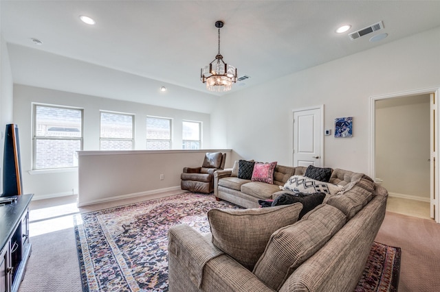 4388 Argyle Ln, Frisco, TX 75034 - living room with a chandelier, carpet flooring, baseboards, and recessed lighting