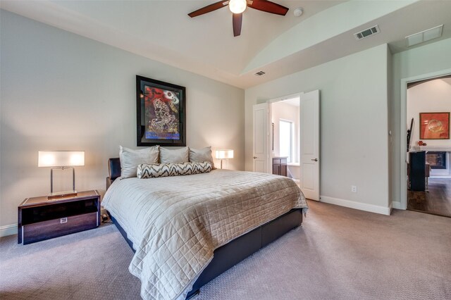 4388 Argyle Ln, Frisco, TX 75034 - carpeted bedroom featuring lofted ceiling, ensuite bath, and ceiling fan