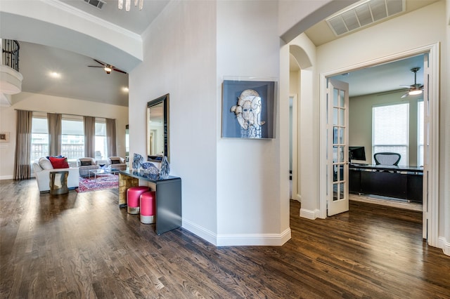 4388 Argyle Ln, Frisco, TX 75034 - hallway featuring arched walkways, healthy amount of natural light, ornamental molding, wood finished floors, and baseboards