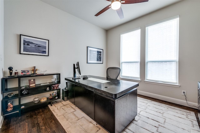 4388 Argyle Ln, Frisco, TX 75034 - office area featuring ceiling fan, wood finished floors, and baseboards