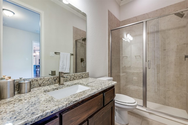 4388 Argyle Ln, Frisco, TX 75034 - bathroom featuring ornamental molding, a stall shower, toilet, and vanity