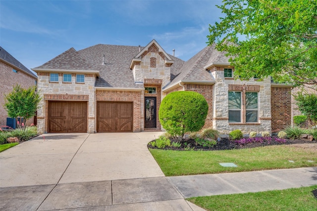 4388 Argyle Ln, Frisco, TX 75034 - french provincial home with stone siding, concrete driveway, roof with shingles, and brick siding