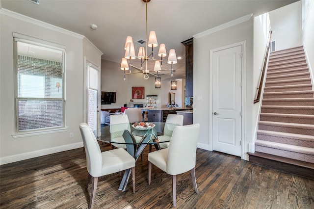 4388 Argyle Ln, Frisco, TX 75034 - dining area featuring a chandelier, dark wood-style flooring, stairs, baseboards, and crown molding