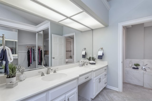 5158 Westgrove Dr, Dallas, TX 75248 - full bath with double vanity, a bath, a walk in closet, and ornamental molding