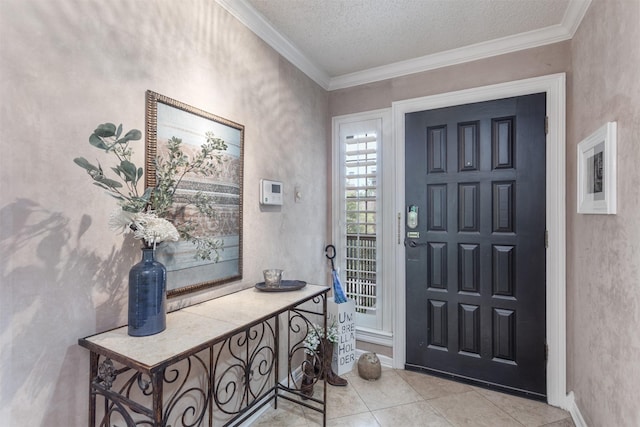 5158 Westgrove Dr, Dallas, TX 75248 - foyer entrance with crown molding, light tile patterned flooring, a textured ceiling, and baseboards