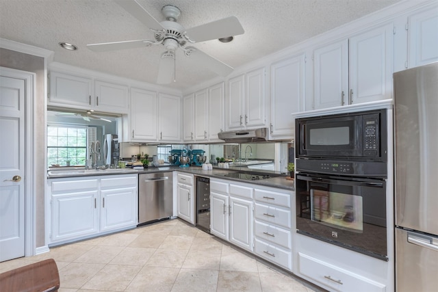 5158 Westgrove Dr, Dallas, TX 75248 - kitchen featuring black appliances, a ceiling fan, white cabinets, a textured ceiling, and light tile patterned floors