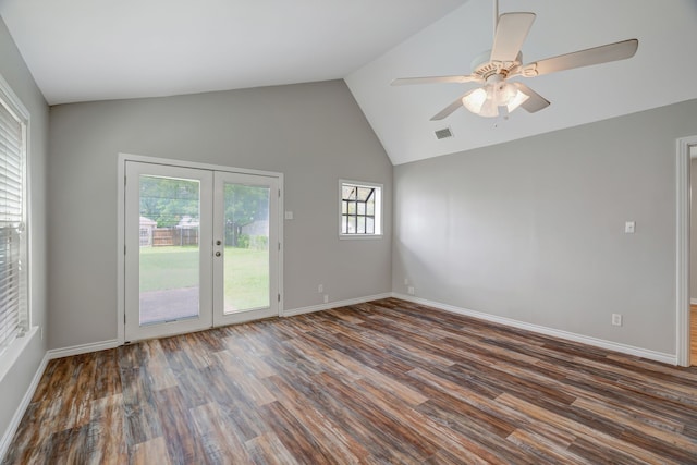 313 W 7th St, Irving, TX 75060 - unfurnished room featuring dark wood-style floors, baseboards, a ceiling fan, french doors, and high vaulted ceiling