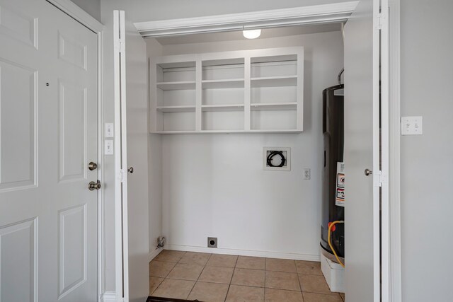 313 W 7th St, Irving, TX 75060 - laundry room featuring electric dryer hookup, light tile patterned floors, baseboards, and water heater