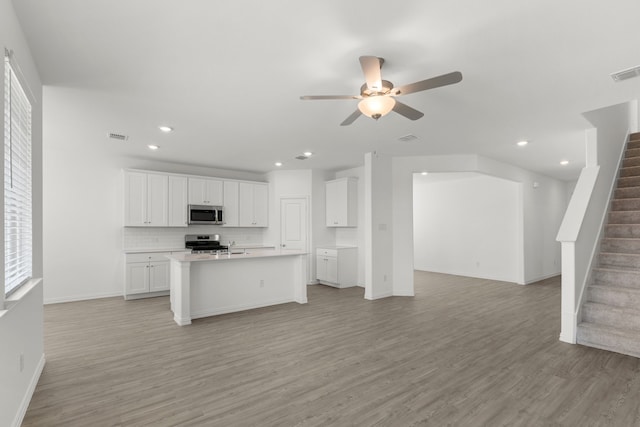 3008 Balmorhea Ln, Mckinney, TX 75071 - kitchen with appliances with stainless steel finishes, open floor plan, light wood-style floors, ceiling fan, and recessed lighting