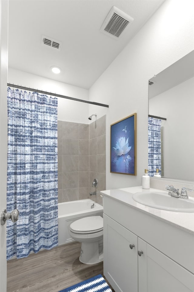 3008 Balmorhea Ln, Mckinney, TX 75071 - full bathroom with vanity, toilet, shower / bathtub combination with curtain, and wood finished floors