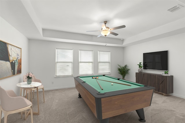 3008 Balmorhea Ln, Mckinney, TX 75071 - game room with light colored carpet, a ceiling fan, billiards table, a tray ceiling, and plenty of natural light