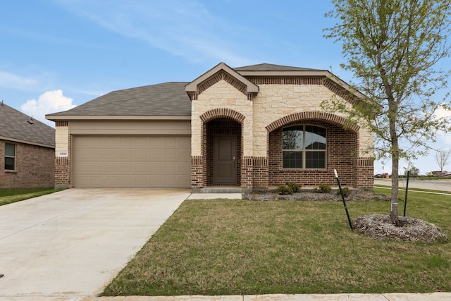 3008 Balmorhea Ln, Mckinney, TX 75071 - french country home with a garage, a front lawn, concrete driveway, stone siding, and brick siding