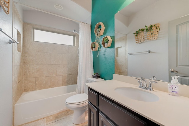6712 Eliza Dr, Arlington, TX 76001 - full bathroom with toilet, shower / bath combo with shower curtain, vanity, and tile patterned floors
