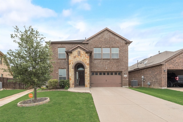6712 Eliza Dr, Arlington, TX 76001 - view of front of house with an attached garage, brick siding, concrete driveway, central AC unit, and stone siding