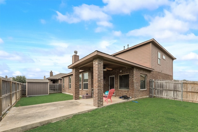 6712 Eliza Dr, Arlington, TX 76001 - rear view of property featuring a ceiling fan, brick siding, a patio, an outdoor structure, and a storage unit