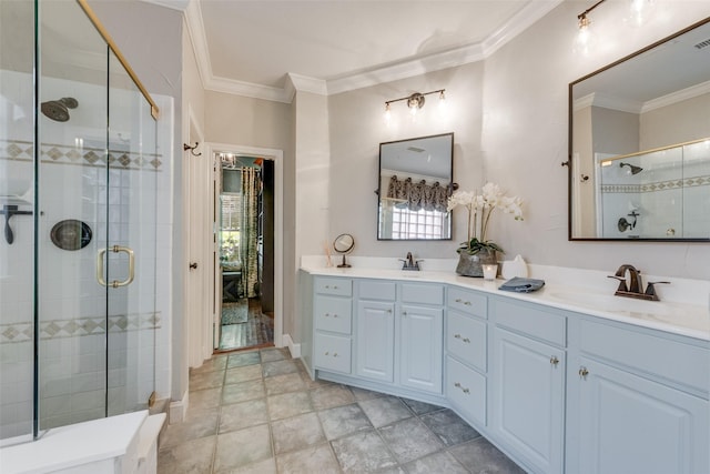 2466 Campfire Ln, Frisco, TX 75033 - full bathroom with ornamental molding, a stall shower, healthy amount of natural light, and double vanity