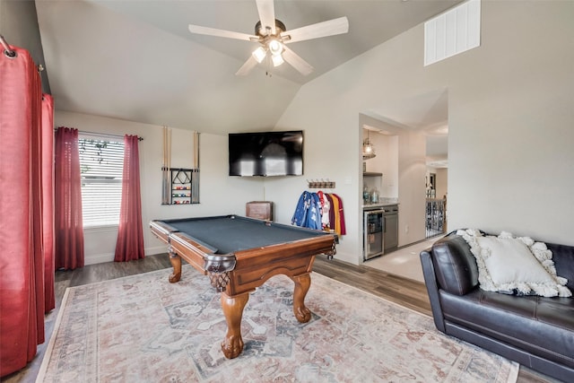 2466 Campfire Ln, Frisco, TX 75033 - rec room with wood finished floors, ceiling fan, lofted ceiling, billiards table, and wine cooler