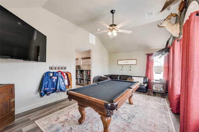 2466 Campfire Ln, Frisco, TX 75033 - rec room with lofted ceiling, wood finished floors, billiards, ceiling fan, and baseboards