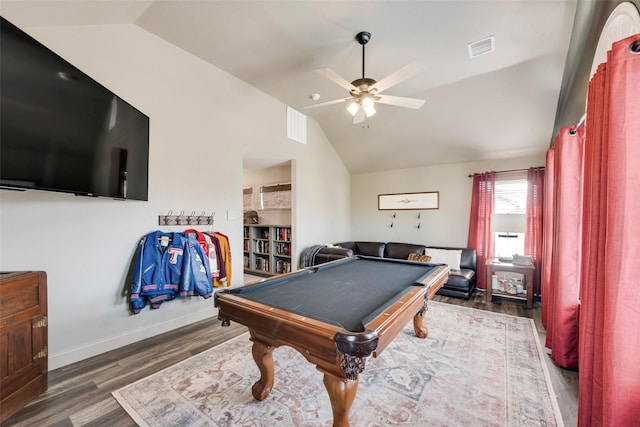 2466 Campfire Ln, Frisco, TX 75033 - playroom featuring vaulted ceiling, wood finished floors, a ceiling fan, and pool table