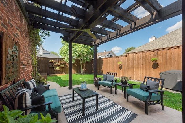 2466 Campfire Ln, Frisco, TX 75033 - fenced backyard featuring an outdoor living space, a patio, and a pergola
