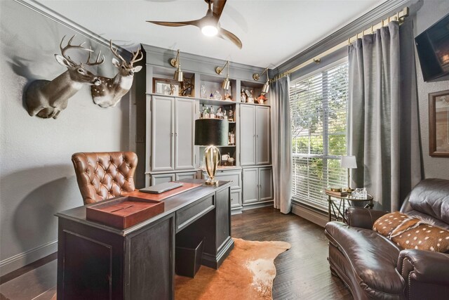 2466 Campfire Ln, Frisco, TX 75033 - office area featuring ceiling fan, dark wood-type flooring, ornamental molding, and baseboards