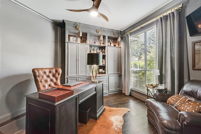 2466 Campfire Ln, Frisco, TX 75033 - office area with ornamental molding, a ceiling fan, healthy amount of natural light, and dark wood-style flooring