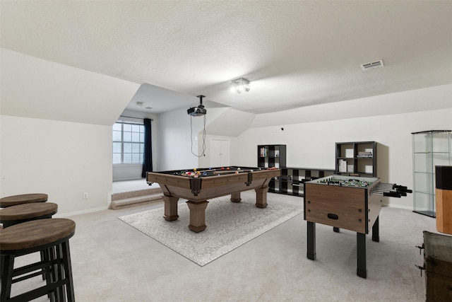 108 Rolling Rock Dr, Trophy Club, TX 76262 - recreation room with billiards, light carpet, baseboards, a textured ceiling, and lofted ceiling