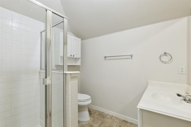 108 Rolling Rock Dr, Trophy Club, TX 76262 - full bath with a shower stall, toilet, vanity, lofted ceiling, and baseboards