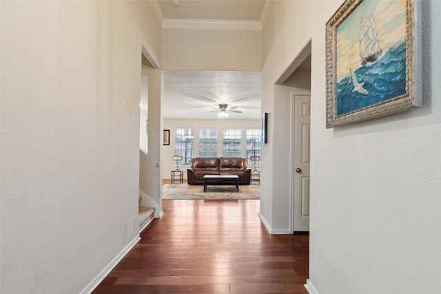 108 Rolling Rock Dr, Trophy Club, TX 76262 - corridor with baseboards, dark wood-style flooring, crown molding, and stairway