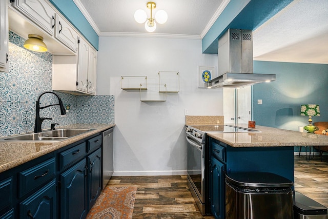 704 Vaughn Dr, Burleson, TX 76028 - kitchen featuring appliances with stainless steel finishes, exhaust hood, a sink, dark wood-style flooring, and a peninsula