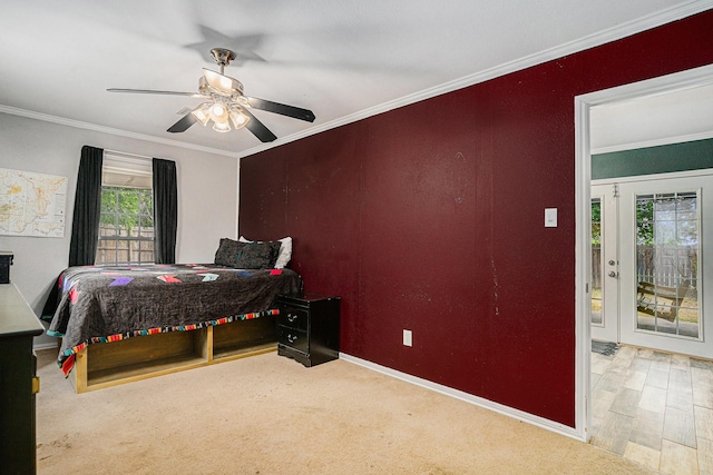 704 Vaughn Dr, Burleson, TX 76028 - bedroom featuring ornamental molding, baseboards, a ceiling fan, and access to exterior