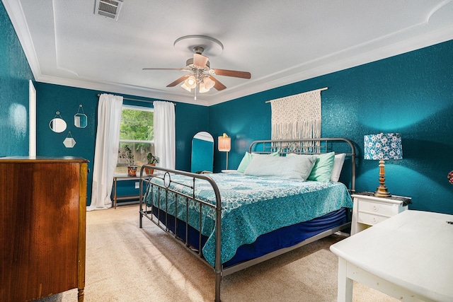 704 Vaughn Dr, Burleson, TX 76028 - bedroom featuring carpet, ornamental molding, ceiling fan, and a textured wall